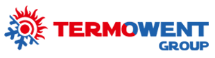 Logo Grupy Termowent przedstawiające czerwono-niebieskie słońce oraz ikonę płatka śniegu po lewej stronie nazwy firmy, napisanej pogrubioną czcionką w kolorach czerwonym i niebieskim na jasnym tle.