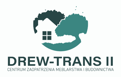 Logo przedstawiające sylwetki domu, drzewa i krzewu nad napisem „DREW-TRANS II CENTRUM ZAOPATRZENIA MEBLARSTWA I BUDOWNICTWA”.